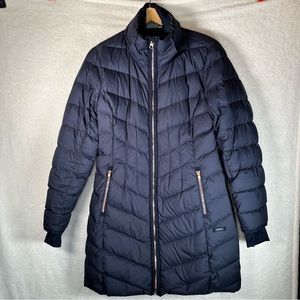 Athleta Goose Down Parka Blue Removable Hood  Thumbholes Coat Small EUC